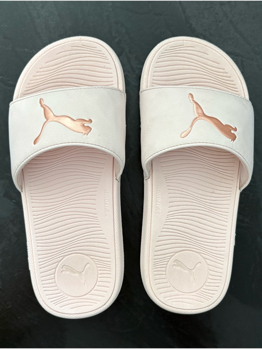 Puma Light Pink Slides with Rose Gold Logo